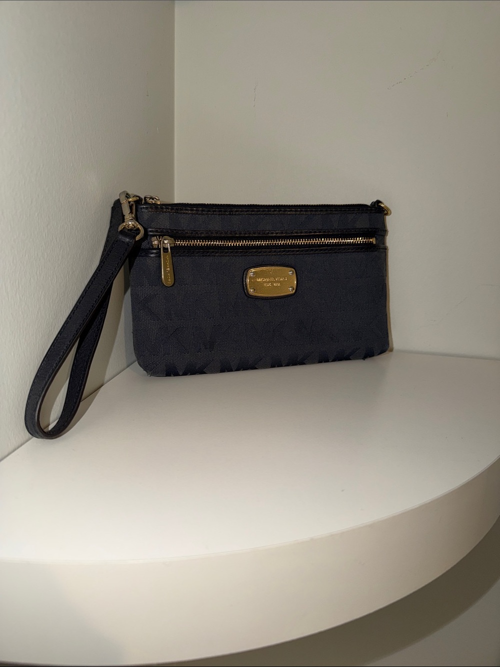 Michael Kors Navy Signature Wristlet with Gold Hardware